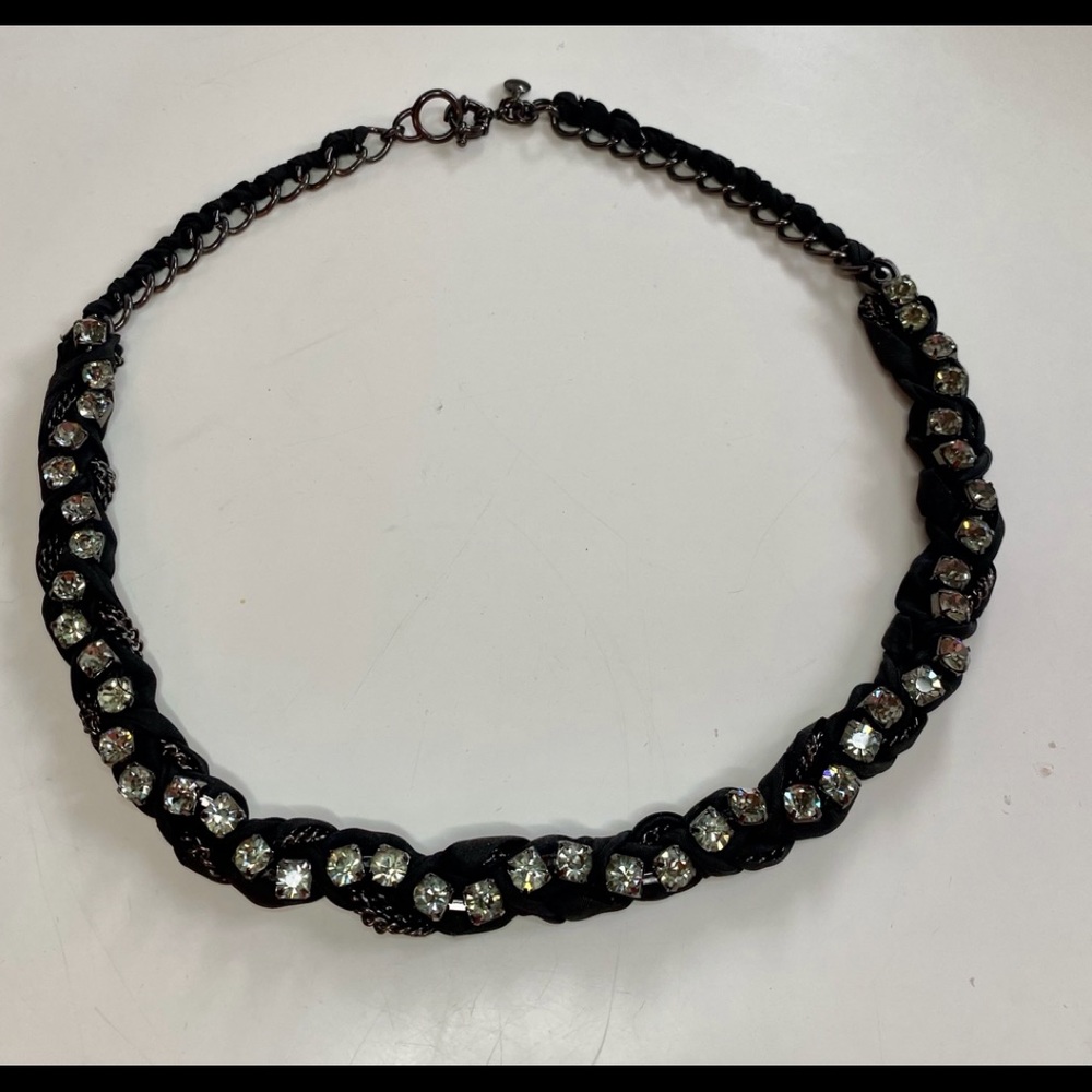 J.Crew black silk, chain & rhinestone unique statement necklace EUC